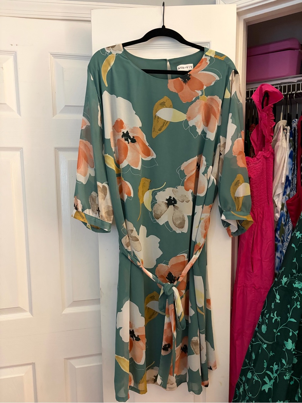 Ava & Viv Teal Floral Tie-Waist Mini Dress